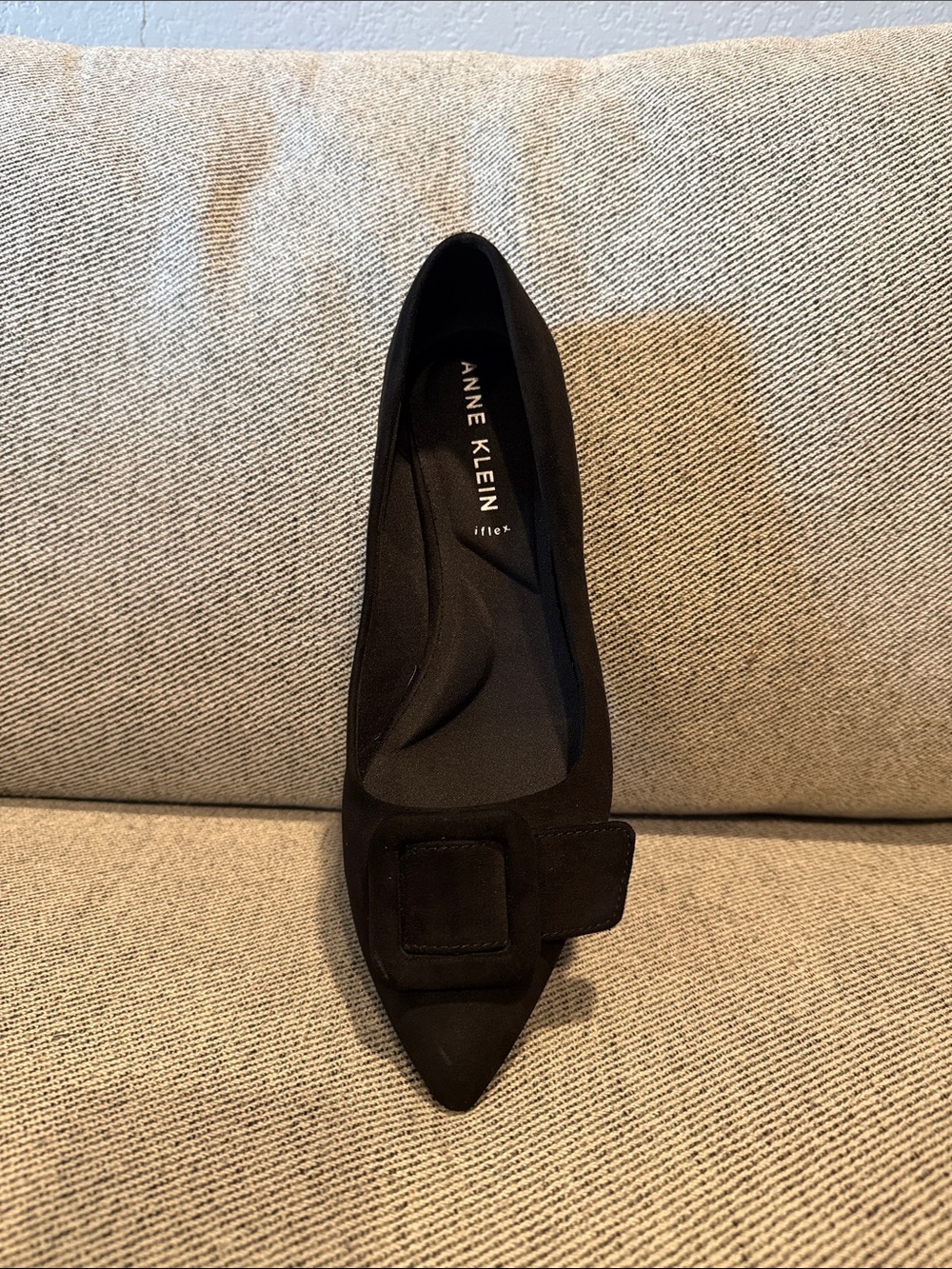 Anne Klein Black Pointed-Toe Ballet Flat with Bow Accent - Picture 2 of 5